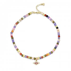 Gold & Diamond Tiny Enamel Groovy Eye Rainbow Zircon Anklet