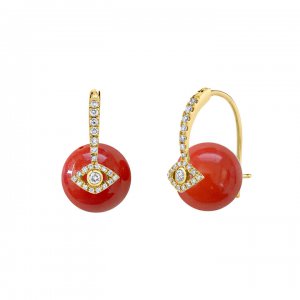 Gold & Diamond Evil Eye Red Coral Earrings