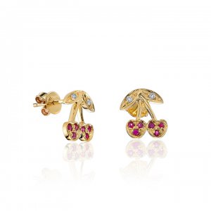 Gold & Ruby Cherry Stud