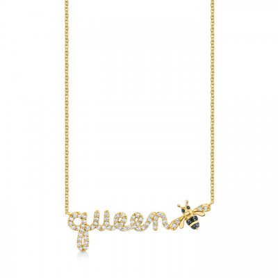 Gold & Diamond Queen Bee Script Necklace