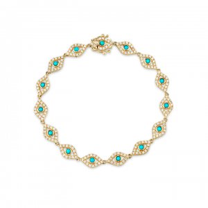 Gold & Diamond Bezel Evil Eye Link Bracelet with Turquoise Center