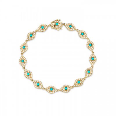 Gold & Diamond Bezel Evil Eye Link Bracelet with Turquoise Center