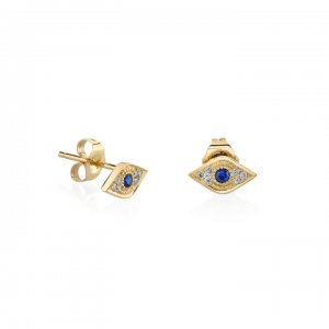 Gold & Diamond Mini Evil Eye with Sapphire Stud