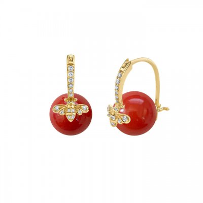 Gold & Diamond Bee Coral Earrings