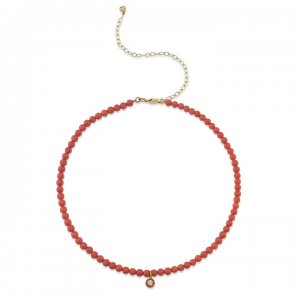 Gold & Diamond Small Enamel Red Bamboo Coral Necklace