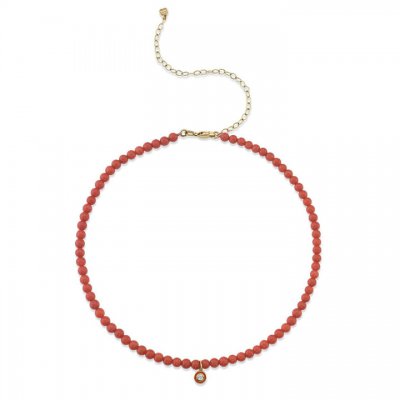 Gold & Diamond Small Enamel Red Bamboo Coral Necklace