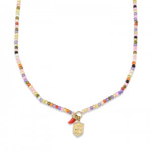 Gold & Diamond Love Crest & Horn Rainbow Zircon Necklace