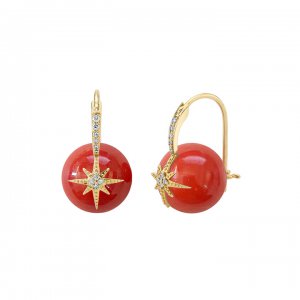 Gold & Diamond Starburst Red Coral Earrings