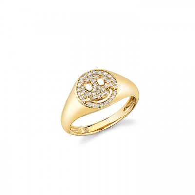 Gold & Diamond Small Happy Face Signet Ring