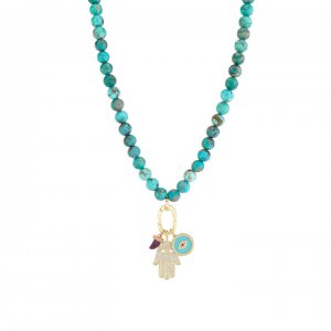 Gold & Diamond Multi-Charm Turquoise Necklace