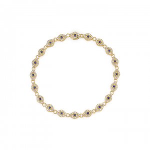 Gold & Diamond Small Bezel Evil Eye Link Bracelet with Blue Sapphire