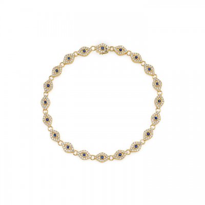 Gold & Diamond Small Bezel Evil Eye Link Bracelet with Blue Sapphire