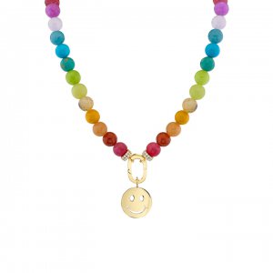 Pure Gold Large Happy Face Rainbow Jade Necklace