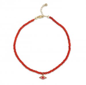 Gold & Enamel Tiny Evil Eye Red Bamboo Coral Anklet