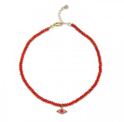 Gold & Enamel Tiny Evil Eye Red Bamboo Coral Anklet