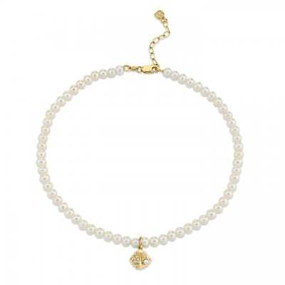 Gold & Diamond Clam Shell Anklet on Fresh Water Pearls