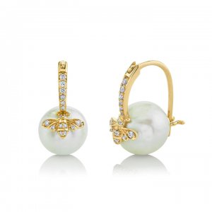 Gold & Diamond Bee Pearl Earrings