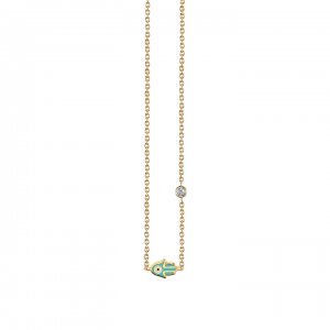 Gold & Turquoise Mini Enamel Hamsa Necklace with Bezel Set Diamond