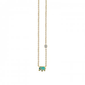 Gold & Turquoise Mini Enamel Elephant Necklace with Bezel Set Diamond