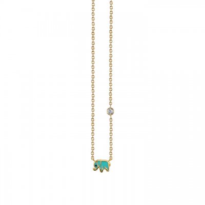 Gold & Turquoise Mini Enamel Elephant Necklace with Bezel Set Diamond