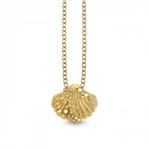 Gold & Diamond Pearl Large Scallop Shell Icons Necklace