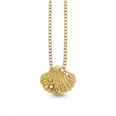 Gold & Diamond Pearl Large Scallop Shell Icons Necklace