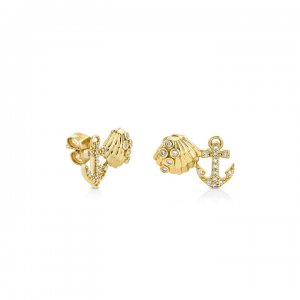 Gold & Diamond Anchor Shell Cluster Stud