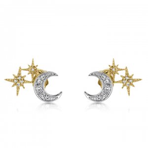 Gold & Diamond Moon and Starburst Stud