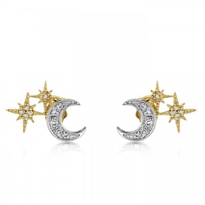 Gold & Diamond Moon and Starburst Stud