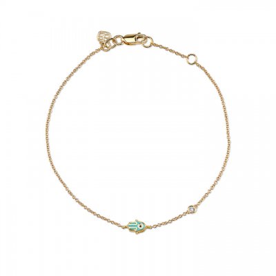 Gold & Turquoise Mini Enamel Hamsa Bracelet with Bezel Set Diamond