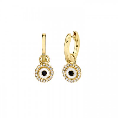 Gold Huggie Hoop and Enamel Evil Eye Charm Earrings