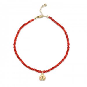 Gold & Diamond Ladybug Red Bamboo Coral Anklet