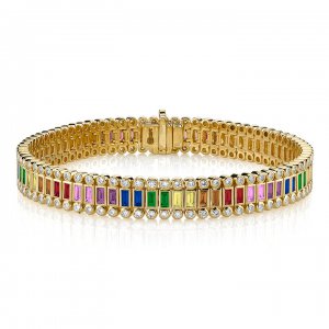 Gold & Rainbow Baguette and Round Bezel Eternity Bracelet