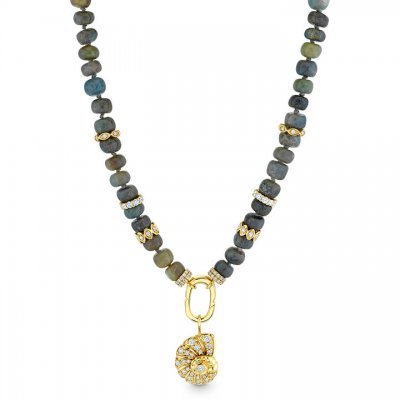 Gold & Diamond Nautilus Charm & Multi-Rondelle Sapphire Necklace