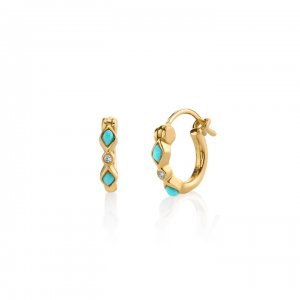 Gold Turquoise & Diamond Bezel Huggie Hoops