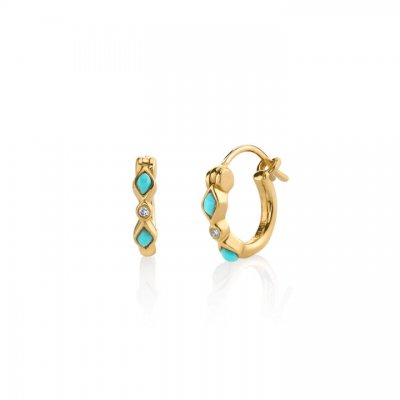 Gold Turquoise & Diamond Bezel Huggie Hoops