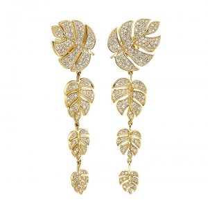 Gold Pave Diamond Monstera Leaf Drop Earrings