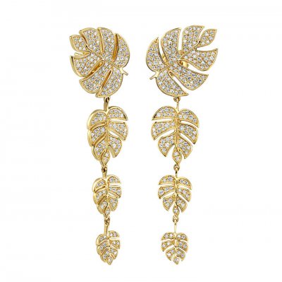 Gold Pave Diamond Monstera Leaf Drop Earrings