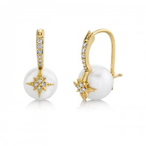 Gold & Diamond Starburst Small Pearl Bead Earrings