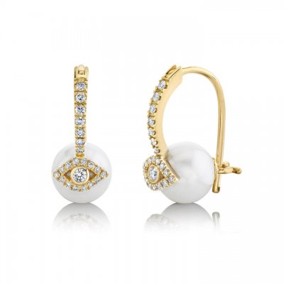 Gold & Diamond Evil Eye Small Pearl Earrings