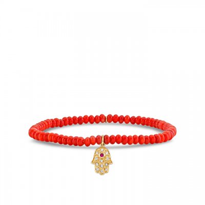 Little Loves Gold & Diamond Hamsa on Red Bamboo Coral