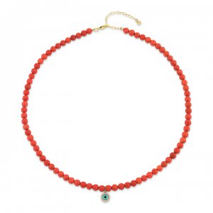 Gold & Diamond Enamel Evil Eye Peach Coral Necklace