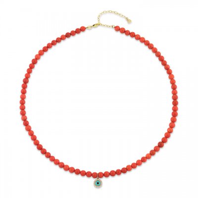 Gold & Diamond Enamel Evil Eye Peach Coral Necklace