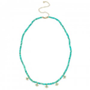 Gold & Diamond Tiny Evil Eye Turquoise Beaded Necklace