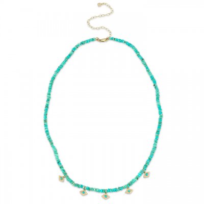 Gold & Diamond Tiny Evil Eye Turquoise Beaded Necklace