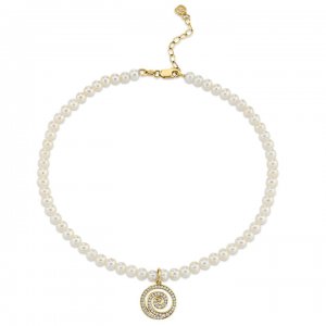 Gold & Diamond Small Spiral Anklet on Fresh Water Pearls