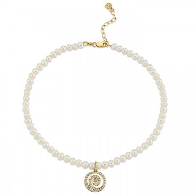 Gold & Diamond Small Spiral Anklet on Fresh Water Pearls