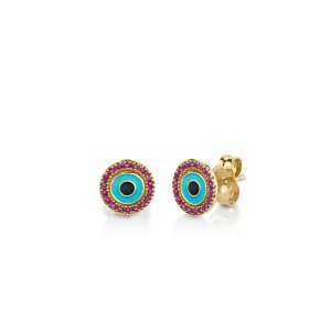 Gold & Ruby Small Evil Eye Stud