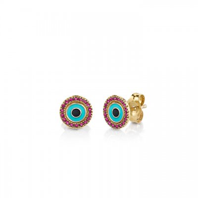 Gold & Ruby Small Evil Eye Stud