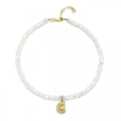 Gold & Diamond Small Nautilus Shell Anklet on Mother of Pearl Heishi